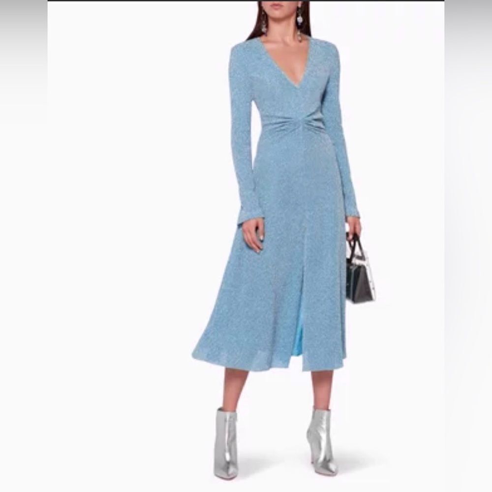 ROTATE Birger Christensen Gather Metallic Stretchy Knit Dress Blue M/L